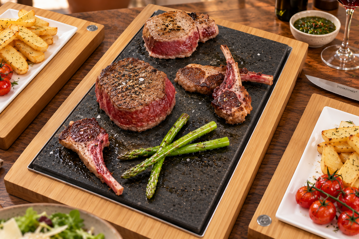 De verhoogde sharing steakplaat & serveersets